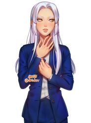 Rule 34 | 1girl, adjusting sleeves, artist name, blue jacket, blue pants, commentary, copyright request, english commentary, hand up, highres, jacket, lavelis, long hair, long sleeves, looking to the side, orange eyes, pants, parted lips, shirt, sideways glance, simple background, solo, white background, white hair, white shirt