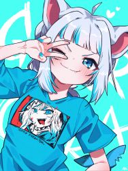 Rule 34 | 1girl, ahoge, animal ears, arm up, blue background, blue eyes, blue hair, blue nails, blue shirt, blunt bangs, cat ears, clothes writing, commentary, fins, fish tail, gawr gura, grey hair, heart, highres, hololive, hololive english, looking at viewer, multicolored hair, nail polish, shark tail, shirt, short sleeves, signature, solo, streaked hair, tail, tail raised, tosyeo, upper body, v-shaped eyebrows, v over eye, virtual youtuber