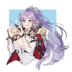 Rule 34 | 1girl, alternate costume, breasts, commission, commissioner upload, fire emblem, fire emblem: genealogy of the holy war, fire emblem heroes, heart, heart hands, highres, inkanii, ishtar (fire emblem), long hair, looking at viewer, md5 mismatch, nintendo, open mouth, purple eyes, purple hair, resolution mismatch, simple background, smile, solo, source smaller, white background