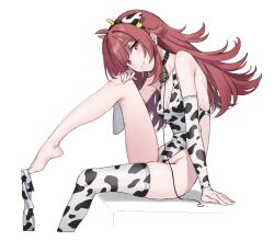 Rule 34 | 1girl, alternate costume, animal ears, animal print, bare legs, bare shoulders, bell, black choker, breasts, choker, cleavage, closed mouth, controlline3, cow ears, cow horns, cow print, cowbell, dangling, detached sleeves, fake animal ears, fake horns, feet, from side, hairband, highleg, highleg leotard, highres, horns, idolmaster, idolmaster shiny colors, komiya kaho, leash, leg up, legs, leotard, long hair, long sleeves, looking at viewer, looking to the side, naughty face, red eyes, red hair, sitting, skindentation, small breasts, smile, solo, thighhighs, thighs, white leotard, white thighhighs