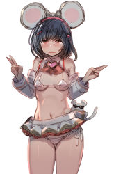 Rule 34 | 1girl, animal ears, bikini, black hair, blush, bow, bow (bhp), bowtie, breasts, brooch, chinese zodiac, detached sleeves, double v, fake animal ears, granblue fantasy, grey bow, hair bobbles, hair ornament, hairband, hairclip, heart, heart brooch, jewelry, legs together, long sleeves, looking at viewer, medium breasts, medium hair, micro bikini, microskirt, mouse (animal), mouse ears, navel, pleated skirt, red bow, red bowtie, red eyes, side-tie bikini bottom, simple background, skirt, solo, standing, sunglasses, swimsuit, thigh gap, v, vikala (granblue fantasy), wavy mouth, white background, white bikini, year of the rat