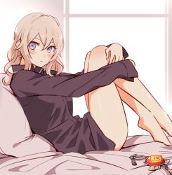 Rule 34 | 1girl, bed, bed sheet, blonde hair, blue eyes, blush, closed mouth, collar, collared shirt, cross, cross earrings, earrings, from side, genshin impact, hair between eyes, hugging own legs, jean (genshin impact), jewelry, long hair, long sleeves, looking at viewer, naked shirt, rome romedo, shirt, sidelocks, simple background, solo, thighs, vision (genshin impact)