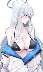 Rule 34 | 1girl, absurdres, bikini, black bikini, blue archive, blush, breasts, cleavage, collarbone, grey hair, halo, highres, jacket, large breasts, long hair, looking to the side, mechanical halo, noa (blue archive), purple eyes, reia 76, shirt, solo, swimsuit, undressing, unworn clothes, very long hair, white background, white hair, white jacket, white shirt