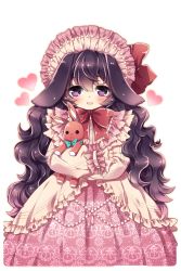 Rule 34 | 1girl, blush, bonnet, clover (soccer spirits), crossed arms, dress, heart, highres, holding, holding stuffed toy, long hair, looking at viewer, manle, open mouth, pink dress, purple eyes, purple hair, soccer spirits, solo, standing, stuffed animal, stuffed rabbit, stuffed toy, transparent background, very long hair