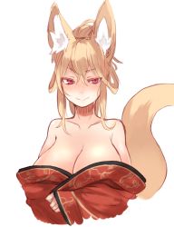 Rule 34 | 1girl, animal ears, bare shoulders, blonde hair, breasts, cleavage, fox ears, fox tail, ganesagi, japanese clothes, kimono, large breasts, looking at viewer, off shoulder, original, red eyes, simple background, smile, solo, tail, upper body, white background