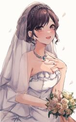 Rule 34 | 1girl, alternate costume, bouquet, brown eyes, brown hair, commentary request, dress, flower, hair up, hand on own chest, highres, holding, holding bouquet, jewelry, mimimi (vvvkkj), necklace, open mouth, project sekai, ring, shinonome ena, solo, tears, upper body, veil, wedding dress, white background