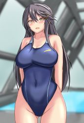 Rule 34 | 1girl, arms behind back, black hair, black one-piece swimsuit, blurry, blurry background, brown eyes, commentary request, competition swimsuit, covered navel, hair ornament, hairclip, haruna (kancolle), highres, indoors, kantai collection, long hair, looking at viewer, montemasa, one-piece swimsuit, pool, rei no pool, smile, solo, swimsuit