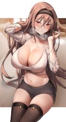 Rule 34 | 1girl, adjusting hair, bare shoulders, black hairband, black shorts, black thighhighs, blurry, blurry background, blush, border, breasts, brown hair, cleavage, commission, crop top, hair between eyes, hairband, hand in own hair, heavy breathing, highres, k pring, large breasts, long hair, looking at viewer, navel, original, red eyes, short shorts, shorts, sitting, skindentation, stomach, thighhighs, thighs, very long hair, white border