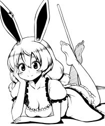 Rule 34 | 1girl, absurdres, animal ears, barefoot, bloomers, breasts, cleavage, closed mouth, dress, earclip, greyscale, hand on own hip, hand on own face, highres, himajin noizu, kine, legs up, looking at viewer, low twintails, lying, mallet, medium breasts, medium hair, monochrome, on stomach, rabbit ears, rabbit girl, seiran (touhou), simple background, smile, solo, touhou, twintails, underwear