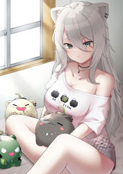 Rule 34 | 1girl, absurdres, ahoge, animal ears, black choker, bomb, breasts, choker, cleavage, clothes writing, commentary, explosive, grey eyes, grey hair, highres, hololive, large breasts, lion ears, lion girl, long hair, looking at viewer, off-shoulder shirt, off shoulder, shirt, shishiro botan, shishiro botan (casual), ssrb (shishiro botan), virtual youtuber, white shirt, window, yoppy paint