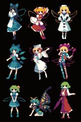 Rule 34 | 4qw5, 6+girls, american flag dress, american flag legwear, antennae, aqua dress, aqua footwear, aqua hair, barefoot, black background, black footwear, black hair, blonde hair, blue bow, blue dress, blue hair, bow, butterfly wings, capelet, cirno, closed mouth, clownpiece, daiyousei, detached wings, dress, drill hair, eternity larva, fairy, fairy wings, green hair, hair bow, hat, headdress, highres, holding, holding umbrella, ice, ice wings, insect wings, jester cap, kazami yuuka, leaf, leaf on head, lily white, long hair, long sleeves, luna child, multicolored clothes, multicolored dress, multiple girls, open clothes, open mouth, open vest, orange hair, pantyhose, pink headwear, pixel art, polka dot, polka dot headwear, red dress, red footwear, red skirt, red vest, shirt, shoes, short hair, short sleeves, side ponytail, simple background, skirt, smile, socks, star sapphire, striped clothes, striped dress, striped pantyhose, sunny milk, touhou, two side up, umbrella, vest, white capelet, white dress, white footwear, white headwear, white shirt, white socks, wide sleeves, wings