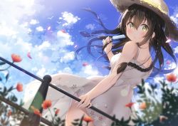 Rule 34 | 1girl, arm support, bare shoulders, blue sky, blurry, blurry foreground, blush, braid, breasts, brown hair, closed mouth, cloud, cloudy sky, commentary request, day, depth of field, dress, fingernails, hair between eyes, hat, hatsuki kaname, highres, long hair, looking at viewer, looking to the side, medium breasts, original, outdoors, petals, railing, sky, sleeveless, sleeveless dress, solo, straw hat, twin braids, white dress, yellow eyes