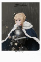 Rule 34 | 1girl, absurdres, ahoge, armor, armored dress, artoria pendragon (all), artoria pendragon (fate), blonde hair, border, braid, breastplate, capelet, character name, cjmy, cloak, closed mouth, commentary request, fate/grand order, fate/stay night, fate (series), french braid, fur trim, gauntlets, green eyes, hair bun, hair ribbon, highres, holding, holding sword, holding weapon, night, rain, ribbon, saber (fate), sad, sidelocks, single hair bun, solo, sword, title, weapon, white border