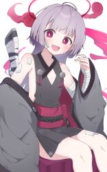 Rule 34 | 1girl, ahoge, ass, bandaged arm, bandaged hand, bandages, bare shoulders, bell, blue archive, clothing cutout, detached sleeves, feet out of frame, flat chest, gauze, gauze on cheek, grey hair, grey sleeves, halo, highres, japanese clothes, jingle bell, long hair, looking at viewer, obi, open mouth, preste, red eyes, red halo, sash, shuro (blue archive), simple background, sitting, skinny, smile, solo, white background