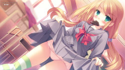 Rule 34 | 1girl, bad id, bad pixiv id, blonde hair, blurry, blush, candy, chocolate, chocolate heart, classroom, clothes lift, depth of field, dutch angle, food, green eyes, heart, long hair, looking at viewer, low twintails, mouth hold, one-piece swimsuit, original, pleated skirt, satsuki misuzu, school, school swimsuit, school uniform, serafuku, skirt, skirt lift, solo, striped clothes, striped thighhighs, swimsuit, thighhighs, twintails, white one-piece swimsuit, white school swimsuit