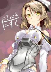 Rule 34 | 1girl, absurdres, artist name, bare shoulders, blonde hair, breasts, brown hair, cleavage, corset, cowboy shot, dated, detached collar, headgear, highres, houston (kancolle), kantai collection, large breasts, long sleeves, looking at viewer, military, military uniform, narumiya (empty cafe), one-hour drawing challenge, short hair, solo, uniform, yellow eyes