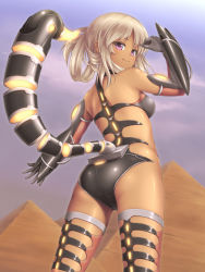 Rule 34 | 1girl, android, arthropod girl, ass, cowboy shot, dark-skinned female, dark skin, looking at viewer, looking back, mecha musume, mechanical tail, monster girl, original, purple eyes, pyramid (structure), robot, sasaame, scorpion girl, scorpion tail, short hair, silver hair, smile, solo, tail, thighs