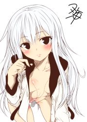 Rule 34 | 10s, 1girl, bad anatomy, black eyes, blush, breasts, convenient censoring, dog tags, hibiki (kancolle), kantai collection, lips, long hair, looking at viewer, naked shirt, open clothes, simple background, sketch, small breasts, solo, verniy (kancolle), white hair, yua (checkmate)