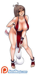 Rule 34 | 1girl, absurdres, areola slip, bare shoulders, blush, breasts, brown eyes, brown hair, cleavage, collarbone, covered erect nipples, fatal fury, folding fan, full body, hand fan, high ponytail, highres, jago dibuja, japanese clothes, large breasts, leaning forward, long hair, looking at viewer, ninja, obi, pelvic curtain, ponytail, revealing clothes, rope, sash, shiranui mai, the king of fighters, thighs, tongue, tongue out