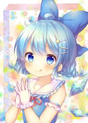 Rule 34 | 1girl, :q, adapted costume, ahoge, blue bow, blue dress, blue eyes, blue hair, blush, bow, braid, cirno, closed mouth, coa (chroo x), commentary request, dress, floral background, frilled gloves, frilled sailor collar, frills, gloves, hair bow, hair ornament, hairclip, hands up, highres, ice, ice wings, looking at viewer, neck ribbon, red ribbon, ribbon, sailor collar, sailor dress, sleeveless, sleeveless dress, smile, solo, star (symbol), star hair ornament, steepled fingers, tongue, tongue out, touhou, twin braids, upper body, white gloves, white sailor collar, wings