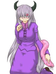 Rule 34 | 1girl, blush, breasts, demon, grey hair, horns, kaname (artist), large breasts, long hair, simple background, slime, solo, tail, very long hair, white background