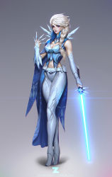 Rule 34 | 1girl, blonde hair, blue eyes, braid, breasts, cleavage, company connection, elsa (frozen), energy sword, fingernails, frozen (disney), grey background, hair over shoulder, highres, hip focus, legs, lightsaber, lips, long fingernails, long hair, single braid, small breasts, solo, standing, star wars, sword, thighs, weapon, zeronis