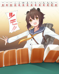 Rule 34 | 10s, 1girl, bad id, bad pixiv id, blush, board game, brown eyes, brown hair, dress, hair ornament, kantai collection, looking at viewer, mahjong, multiple girls, nekoume, open mouth, outstretched arms, personification, sailor dress, school uniform, serafuku, short hair, smile, solo, translated, yukikaze (kancolle)