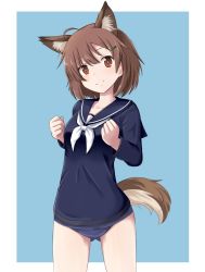Rule 34 | 10s, 1girl, ahoge, animal ear fluff, animal ears, blue background, brave witches, breasts, brown eyes, brown hair, clenched hands, closed mouth, collarbone, cowboy shot, gluteal fold, hair ornament, hairclip, hands up, highres, karibuchi hikari, legs apart, long sleeves, looking at viewer, matching hair/eyes, mono (mono60), one-piece swimsuit, ribbon, school swimsuit, school uniform, serafuku, short hair, smile, solo, squirrel ears, squirrel tail, swimsuit, swimsuit under clothes, tail, uniform, white ribbon, world witches series