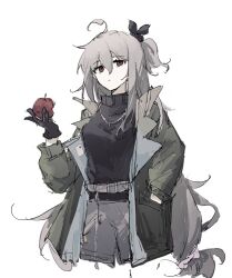 Rule 34 | 1girl, ahoge, apple, arknights, black gloves, black sweater, closed mouth, coat, cropped legs, expressionless, food, fruit, gloves, green coat, grey hair, grey shorts, hair between eyes, hand in pocket, hand up, holding, holding food, holding fruit, long hair, long sleeves, looking at viewer, official alternate costume, open clothes, open coat, qiming zhen de hao nan, red apple, red eyes, shorts, simple background, skadi (arknights), skadi (the next afternoon tea) (arknights), sketch, solo, sweater, very long hair, white background