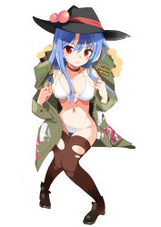 Rule 34 | 1girl, bikini, black choker, black footwear, black headwear, black thighhighs, blue hair, blush, breasts, choker, commentary request, food, front-tie bikini top, front-tie top, fruit, full body, green jacket, hair between eyes, highres, hinanawi tenshi, jacket, large breasts, long hair, long sleeves, looking at viewer, navel, open mouth, peach, red eyes, shoes, sidelocks, simple background, solo, stomach, swimsuit, tetsurou (fe+), thighhighs, thighs, touhou, white background, white bikini