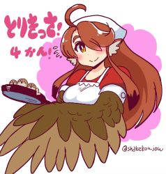 Rule 34 | 1girl, ahoge, apron, blouse, blush, brown hair, closed mouth, copyright name, flying sweatdrops, frying pan, hair over one eye, harpy, head scarf, holding, looking at viewer, monster girl, one eye covered, red shirt, rin (torikissa!), shake-o, shirt, short sleeves, smile, solo focus, torikissa!, twitter username, upper body, white apron, winged arms, wings