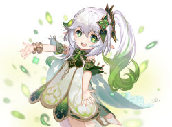 Rule 34 | 1girl, :d, bracelet, child, commentary, detached sleeves, dress, foot out of frame, genshin impact, gradient hair, green dress, green eyes, green hair, green sleeves, hair between eyes, hair ornament, highres, jewelry, long hair, looking at viewer, multicolored hair, nahida (genshin impact), open mouth, pointy ears, ponytail, sleeveless, sleeveless dress, smile, solo, stirrup footwear, teeth, two-tone dress, upper teeth only, white dress, white hair, yukiusagi1983