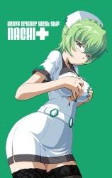 Rule 34 | 10s, 1girl, aoki hagane no arpeggio, bad id, bad pixiv id, belt, black thighhighs, braid, breast hold, breasts, character name, cross, emblem, female focus, glasses, green background, green hair, green nails, headwear request, highres, kamo 3, large breasts, looking at viewer, nachi (aoki hagane no arpeggio), nail polish, nurse, short hair, short sleeves, simple background, smile, solo, standing, thighhighs, uniform, unzipped, zettai ryouiki, zipper