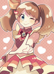 1girl ;) anidler91 blue_eyes blue_gemstone brown_hair closed_mouth creatures_(company) crop_top game_freak gem heart highres looking_at_viewer may_(pokemon) may_(sygna_suit)_(pokemon) medium_hair nintendo one_eye_closed outline outstretched_arm overskirt pink_background pokemon pokemon_masters_ex polka_dot polka_dot_background red_shirt shirt skirt sleeveless sleeveless_shirt smile solo twintails white_outline