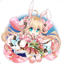 Rule 34 | 1girl, ahoge, animal ears, aqua eyes, bare shoulders, bell, blonde hair, rabbit hair ornament, clothing request, detached sleeves, firuo (king fish), flower, hair between eyes, hair flower, hair ornament, long hair, looking at viewer, night, night sky, open mouth, pink flower, pom pom (clothes), rabbit ears, shironeko project, skirt, sky, solo, teeth, tiara, tsukimi (shironeko project), twintails, upper teeth only, very long hair, white background