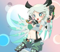 Rule 34 | 1girl, armor, belt, birth buster, birth driver, blue background, blush, boots, bow, breasts, cartridge, cell medal, cleavage, coin, detached sleeves, earrings, gashapon, green eyes, green shirt, green shorts, grey hair, gun, hair bow, holding, jewelry, kamen rider, kamen rider birth, kamen rider ooo (series), large breasts, long hair, long sleeves, looking at viewer, midriff, navel, pantyhose, pink background, pointy ears, polka dot, polka dot legwear, rider-tan, rider belt, shiro washi, shirt, shorts, smile, standing, striped clothes, striped pantyhose, tank top, two-tone background, two-tone shirt, weapon, white footwear, white shirt