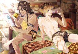 Rule 34 | 2boys, animal ears, animal print, bed, blonde hair, bottle, braid, brown hair, con potata, cup, dark skin, green eyes, grey eyes, holding, holding bottle, holding cup, hyena ears, hyena tail, leona kingscholar, leopard print, lion ears, lion tail, long hair, male focus, male underwear, multiple boys, nipples, pillow, ruggie bucchi, scar, spiked hair, tail, tongue, tongue out, topless male, twisted wonderland, underwear