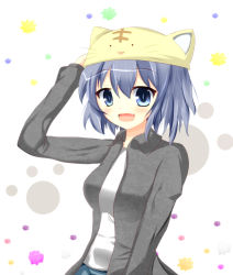 Rule 34 | 1girl, :d, blue eyes, blue hair, borrowed character, casual, fang, gaius (nikoniko2), hand on headwear, hat, looking at viewer, matching hair/eyes, open mouth, original, short hair, smile, solo