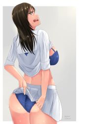 Rule 34 | 10s, 1girl, absurdres, ass, black eyes, black hair, blouse, blue bra, blue neckerchief, blue panties, bra, clothes lift, commentary, cowboy shot, crotch seam, dated, from behind, frown, girls und panzer, grey background, highres, irukatto, lace, lace-trimmed panties, lace trim, lifting own clothes, long hair, long sleeves, looking at viewer, looking back, miniskirt, murakami (girls und panzer), neckerchief, no headwear, ooarai naval school uniform, open mouth, outside border, panties, pleated skirt, sailor, school uniform, shirt, shirt lift, skirt, skirt lift, sleeves rolled up, solo, standing, sweatdrop, twitter username, underwear, white shirt, white skirt
