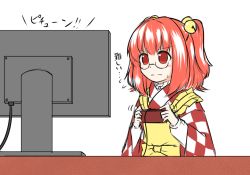 Rule 34 | 1girl, bell, blush stickers, controller, dress, ganmaganmo, glasses, hair bell, hair ornament, jingle bell, meta, monitor, motoori kosuzu, playing games, red eyes, red hair, simple background, solo, touhou, touhou user interface, translated, two side up, wavy mouth