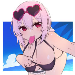 Rule 34 | 1girl, azur lane, bare shoulders, beach, bikini, black bikini, blue sky, blush, breasts, chan co, cleavage, collarbone, day, eyewear on head, food, hair between eyes, heart, heart-shaped eyewear, large breasts, leaning forward, looking at viewer, low twintails, mouth hold, o-ring, ocean, popsicle, red eyes, short hair, short twintails, sirius (azur lane), sirius (scorching-hot seirios) (azur lane), sky, sunglasses, swimsuit, thigh strap, thighs, twintails, white hair