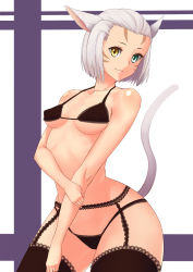 Rule 34 | 10s, 1girl, animal ears, blue eyes, bra, breasts, cat ears, cat tail, curvy, final fantasy, final fantasy xiv, garter belt, helmet (touhu812), heterochromia, highres, lingerie, looking at viewer, miqo&#039;te, panties, silver hair, simple background, small breasts, smile, solo, striped, striped background, tail, thick thighs, thighhighs, thighs, underwear, underwear only, warrior of light (ff14), wide hips, yellow eyes
