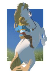 Rule 34 | 1girl, animal, artist name, blonde hair, blue shirt, boots, brown footwear, brown gloves, brown pants, from behind, gloves, highres, horse, knee boots, long hair, long sleeves, looking at viewer, looking back, nintendo, pants, princess zelda, riding, shirt, solo, st hedge, the legend of zelda, the legend of zelda: breath of the wild, white background, white shirt