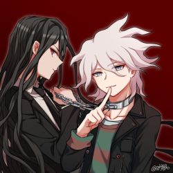 Rule 34 | 2boys, artist name, black hair, black jacket, black neckwear, chain, chain pull, chained, collar, collarbone, collared shirt, commentary request, danganronpa (series), danganronpa 3 (anime), danganronpa another episode: ultra despair girls, finger to mouth, formal, gradient background, green sweater, grey background, grey hair, index finger raised, jacket, kamukura izuru, komaeda nagito, long hair, long sleeves, looking at viewer, male focus, medium hair, metal collar, multiple boys, necktie, official alternate costume, open clothes, open jacket, profile, red eyes, red sweater, servant (danganronpa), shaguo, shirt, signature, striped clothes, striped sweater, sweater, upper body, yaoi