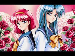 Rule 34 | 00s, 2girls, ai shimai, back-to-back, blue eyes, blue hair, bow, dithering, eye contact, flower, game cg, hair bow, kitazawa rumi, kitazawa tomoko, letterboxed, long hair, looking at another, multiple girls, pc-98 (style), pc98, pixel art, red hair, rose, sailor collar, school uniform, smile, yellow bow