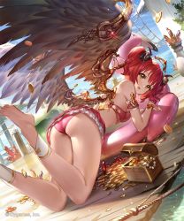 Rule 34 | 1girl, 77gl, angel wings, ass, bare arms, barefoot, bikini, bikini skirt, breasts, coin, commentary, day, feathered wings, from behind, gold coin, inflatable raft, jewelry, kurosawa ruby, legs up, looking at viewer, looking back, love live!, love live! sunshine!!, necklace, open mouth, outdoors, pearl necklace, plant, red bikini, red hair, rope ladder, shingeki no bahamut, small breasts, smile, solo, swimsuit, thighs, treasure chest, wings, wooden floor, yellow eyes
