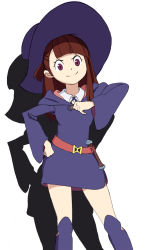 Rule 34 | 10s, 1990jet, 1girl, bad id, bad pixiv id, boots, brown hair, dress, hat, kagari atsuko, little witch academia, long hair, pointing, pointing at self, purple eyes, shadow, smile, solo, witch hat