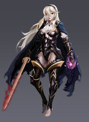 Rule 34 | 1girl, alternate costume, armor, aura, barefoot, black armor, breastplate, breasts, cape, cleavage, corrin (female) (fire emblem), corrin (female) (nohr noble) (fire emblem), corrin (fire emblem), drawfag, feet, fire emblem, fire emblem fates, gauntlets, glowing, glowing hand, glowing weapon, gradient background, greaves, hairband, nintendo, silver hair, solo, sword, thighs, toeless legwear, toes, torn cape, torn clothes, weapon, yato (fire emblem)