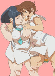 Rule 34 | 2girls, between breasts, black hair, blunt bangs, breasts, brown hair, character request, closed eyes, eating, food, high ponytail, itou yukino, large breasts, long hair, looking at another, miniskirt, multiple girls, plump, ponytail, real drive, sailor collar, salmon background, school uniform, short hair, short sleeves, sidelocks, simple background, skirt, standing, standing on one leg, yuri
