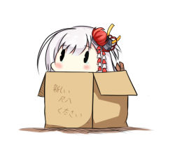 Rule 34 | 1girl, azur lane, bad id, bad pixiv id, blush, box, cardboard box, commentary request, hair between eyes, hair ornament, in box, in container, long hair, mole, mole under eye, nagato-chan, shoukaku (azur lane), silver hair, solid oval eyes, solo, tears, translation request, white background